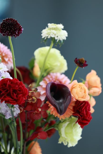 A vibrant floral arrangement featuring a mix of fresh flowers including deep red carnations, dark burgundy calla lilies, pale pink roses, white and pale green carnations, and small purple and white bl