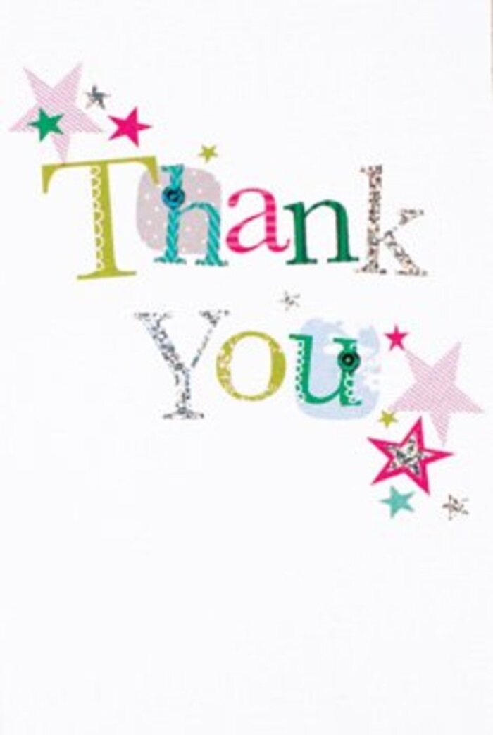 A quietly exuberant presence defines this thank you card, whose jubilant lettering brings to mind the diverse character of Kings Cross. Each letter in 'Thank You' bursts with its own personality-some whimsical with lively polka dots and playful curves, others poised and graceful, their shapes reminiscent of musical notes drifting from late-night venues along Euston Road. Clusters of vivid stars-some adorned with sparkling pink stripes, others in rich turquoise and shimmering silver-encircle the phrase, blessing the sentiment with added joy. The composition is airy and contemporary, touched with whimsical charm but balanced by understated refinement, akin to the modern gardens blooming in Gasholder Park. The entire design feels meticulously curated, offering universal warmth-neither too reserved nor overly exuberant, the kind of thank you that nestles seamlessly alongside a hand-tied bouquet, marking moments from neighbourly kindness to milestones shared within the vibrant Kings Cross community. The tactile card, gleaming here and there with glitter, truly embodies the uplifting spirit and creative flair one encounters throughout the heart of NW1.