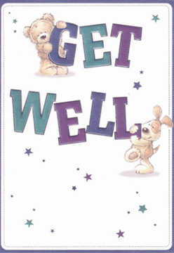 This whimsical get well card, perfect for bringing a spark of cheer to someone's recovery in Kings Cross, features an endearing teddy bear and a lively pup in a playfully heartfelt scene. They work together beneath a sprinkling of twinkling stars, mirroring the collaborative spirit often seen at local markets near Regent's Canal. The bear clings to the lofty 'GET' in friendly block letters, while the dog affectionately supports the bold 'WELL' below, their round forms and smiling faces brimming with hope and kindness. Shades of deep purple and teal ripple across the letters against a pristine white ground, evoking the crisp clarity one associates with a freshly arranged posy ready for local delivery. Soft textures-downy fur and silky ears-create an almost tangible sense of comfort, as if reaching through the card to offer a gentle embrace. The overall effect is one of nurturing artistry, as intentional and heartfelt as the way a Kings Cross florist composes a bouquet to enliven a customer's home on a rainy London day. This card, vibrant yet soothing, brings emotional warmth and a lightness that uplifts-just right for those times when a thoughtful gesture means the world.