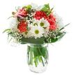 Radiating cheerful freshness and understated elegance, this Kings Cross bouquet gathers the mellow brightness of a spring morning into a single arrangement. Fluffy coral carnations with lively, rippled petals form the core, their warm hues echoing the flower stalls at the nearby stations. Surrounding them, white daisy-like chrysanthemums and classic daisies with luminous green-centered disks evoke a mood of innocence and youth. Delicate tendrils of baby's breath weave among the larger flowers, lending a cloud-soft silhouette to the entire arrangement. The green leaves-some broad and glossy, others slender and supple-cradle the bouquet, providing natural structure and highlighting the artistry of local florists. Resting in a clear glass vase filled with sparkling water, the stems are easily visible, adding a sense of transparency and life to the piece. Balanced, even lighting ensures every edge and shade is vivid, with no shadows to distract from the blooms' pure beauty. Ideal for sending a message of hope, encouragement, or celebration, this bouquet would brighten a windowsill overlooking Pancras Square or accompany a heartfelt gesture anywhere across Kings Cross-its fresh fragrance and joyful palette instantly infusing any space with positivity.